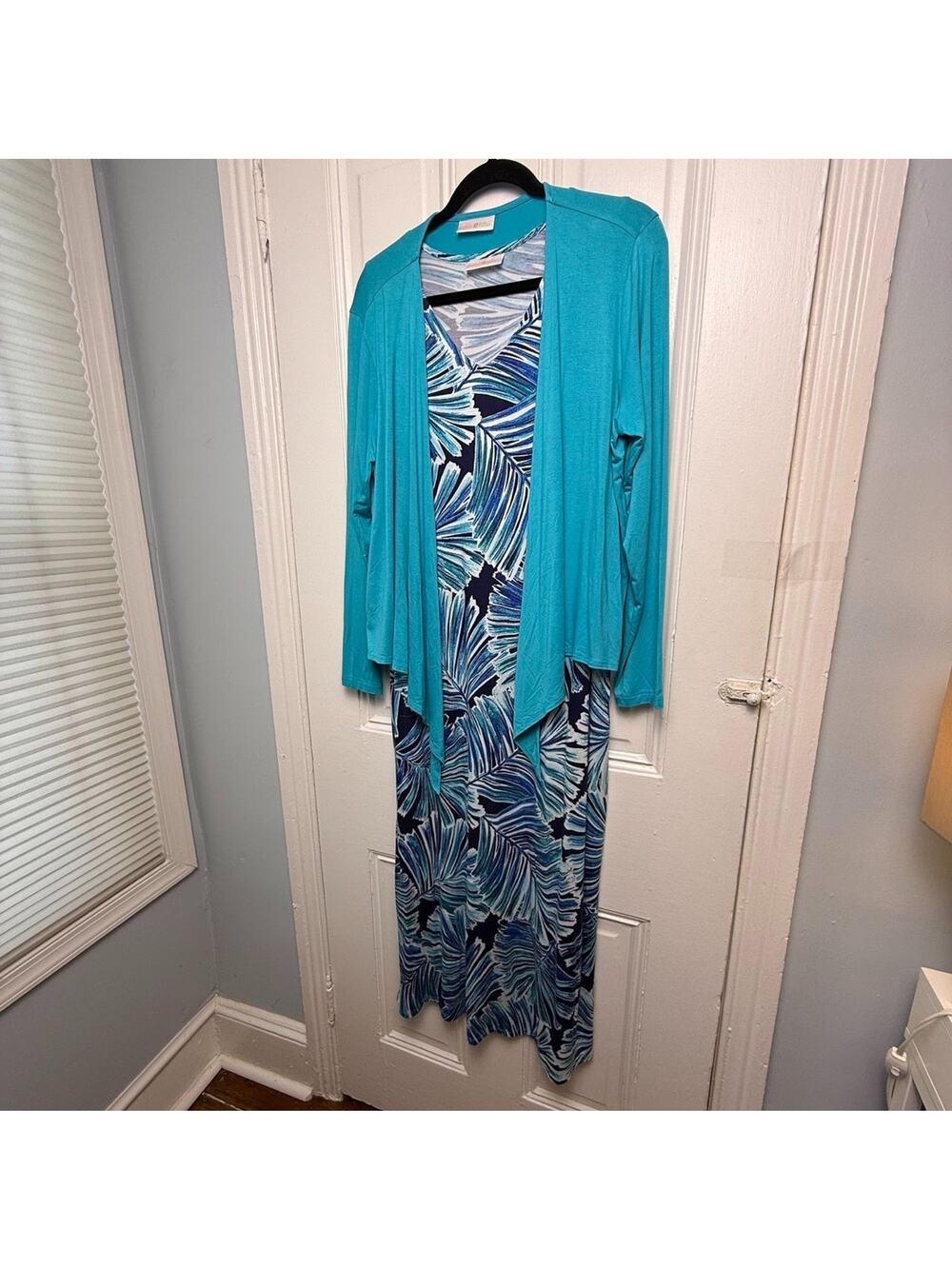 Belle by Kim Gravel Dress Shrug Set Tropical Leaf Print Blue Womens Small NWOT